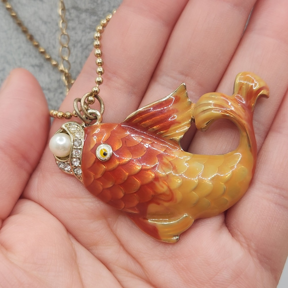 Betsey Johnson Orange Enamel Koi Fish Pendant Necklace Eclectic Summer